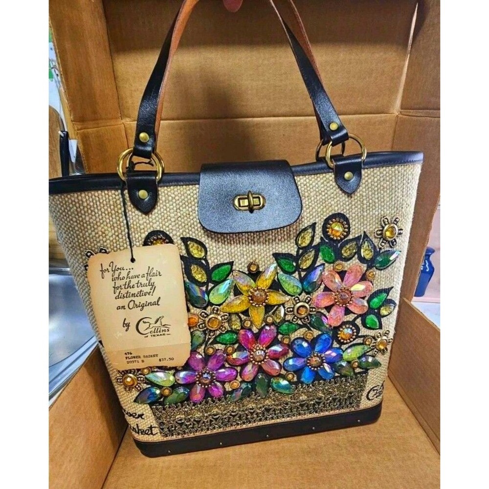 Vintage Collins of Texas Flower Basket Jeweled Tote Purse NWT Box Hang Tag Rare